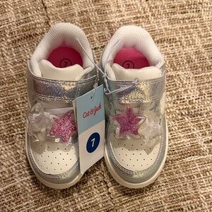 Cat & Jack Kids' Glittery Silver, Pink, and White Sneakers.